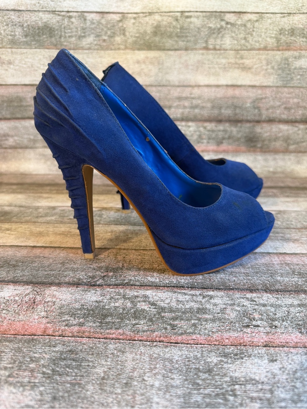 Qupid Royal Blue Suede Peep-Toe Platform Pumps - Picture 4 of 8